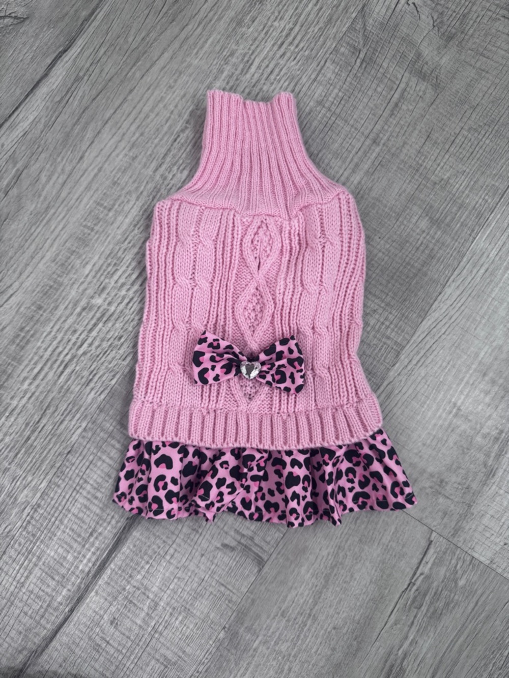 Pink Cable Knit Dog Sweater Dress with Leopard Print Ruffle & Bow Pet Clothes. - Picture 2 of 7